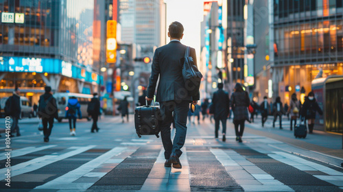 businessmin a suit walking through a busy city street with a rolling suitcase highlighting the mobility and efficiency required in business travel as professionals move between meetings 
