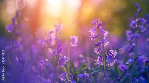 Purple wildflowers, specifically bluebells, blooming in the spring or summer season. 