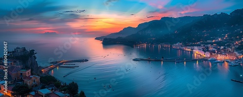 Aerial view of Salerno harbour and commercial port at sunset along the Amalfi Coast facing the Mediterranean Sea, Salerno, Campania, Italy.