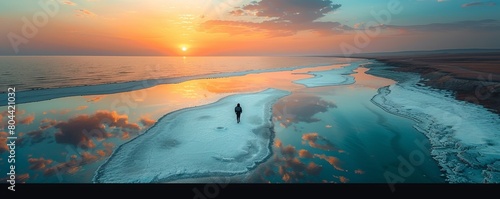 Aerial view of a person along the Elton Lake at sunset, a large salt lake with minerals in Vengelovskoe, Volgograd Oblast, Russia.