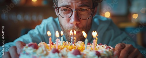 A man blowing out candles on a birthday cake