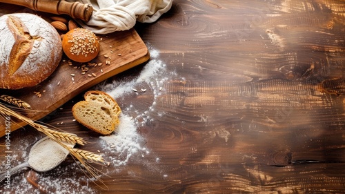 Artisan bread and wheat ears on wooden table dusted with flour