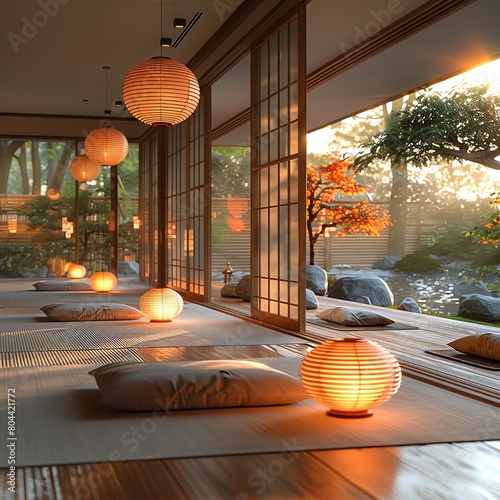 Traditional Japanese tea house, tatami mats, shoji doors, warm ambient lighting, interior view