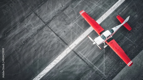 Aerial view of red single-engine airplane on gray tarmac