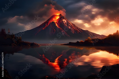 diagram showing a volcano erupting close to the river