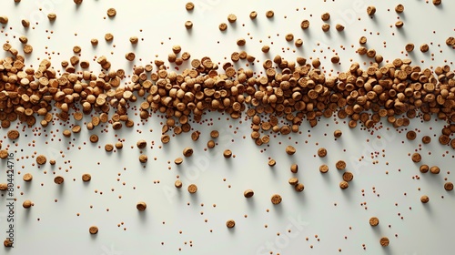 Craft a high-angle shot of pellet food arranged neatly on a pure white surface