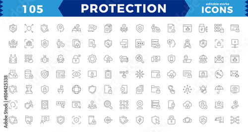 protection pixel Perfect Line Editable Icons set. Vector illustration in thin line modern style of cyber protection related icons: personal data protection, passwords,editable stroke icons.