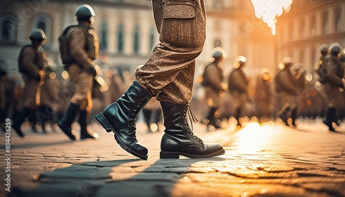 soldiers in camouflage uniform and black soldier boots march on the square, close-up of legs, side view