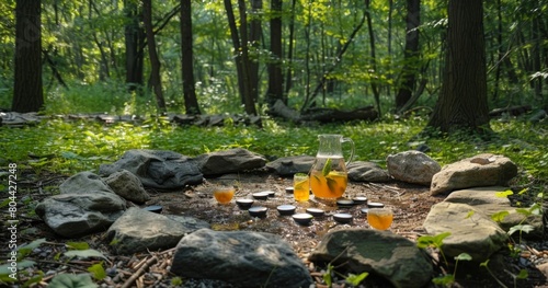 A quiet forest clearing complete with a meditation circle formed by rocks and a pitcher of chilled mocktails is the ideal setting for peaceful contemplation.