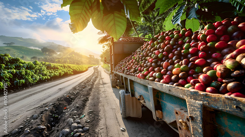 Cargo truck carrying coffee beans in a plantation with sunset. Concept of food production, transportation, cargo and shipping.