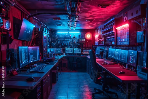 An underground bunker turned tech hub, diverse programmers working on a critical AI development project, ambient blue lighting,