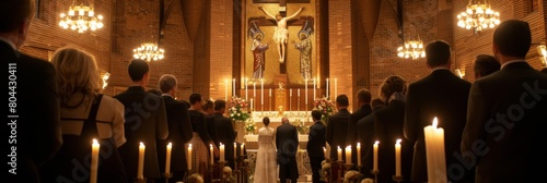 Adults in elegant clothes gather near the church altar