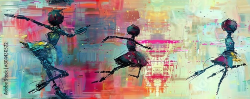 Capture the elegance of robotic ballerinas gracefully pirouetting amidst vibrant strokes of pastel colors in a dreamy