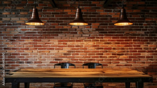 Vintage metal pendant cone lamps suspended above a rustic wooden table against a brick background