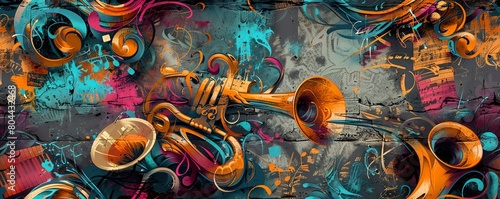 Fuse the raw energy of street art with musical motifs in a frontal view composition, applying digital techniques to create a photorealistic blend that pops off the screen