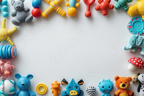 Baby kids toys frame. Colorful educational wooden plastic and fluffy toys for children on gray background