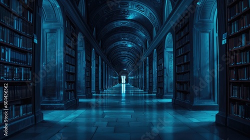 Blue-toned image of grand, spacious library with arched ceilings and bookshelves lining walls