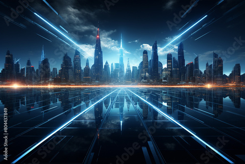 Contemporary City Panorama Wallpaper. Futuristic Superstructures Illuminated with Blue Light.