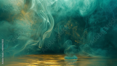 Rich teal smoke abstract background curls over a shimmering gold floor, glamorous and striking.