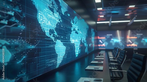Digital map in a cybersecurity briefing room visualizing perimeter barrier defenses across global networks, have copy space for text