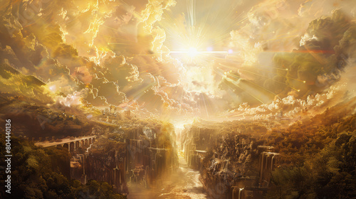 A narrative freeze-frame showing Christ as the Logos, a bridge between heaven and earth, His figure casting a divine reflection over the nascent world, all elements aligning with His creative command.