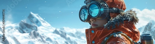 Boy in a futuristic outfit using hightech binoculars to witness glaciers melting rapidly, a direct impact of Global Boiling