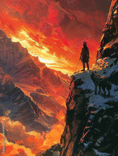Fantasy illustration of a woman and a wolf atop the highest mountain, observing melting glaciers spreading below, under a scorching sky