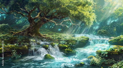 A panoramic digital illustration of the river of life and the tree of life as envisioned in Revelation 21-22.