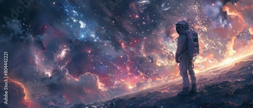 An astronaut staring out into the vastness of space, surrounded by twinkling stars and distant galaxies