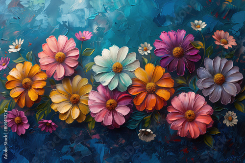  Oil painting of large zinnia flowers in various colors, on dark blue background. Created with Ai