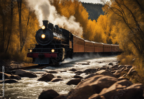 'steam vintage crossing train colorado river autumn pass railroad rocky mountain san juan scenic track aspen bark beauty blue cliff cloud colours colourful rt drama'