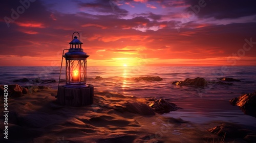 Lantern on the seashore at sunset. Beautiful landscape.