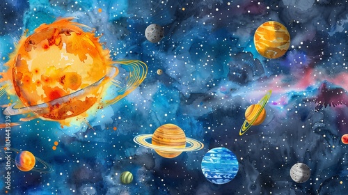 Artistic watercolor of the solar system, each planet labeled and colored distinctively, designed to educate and fascinate kids about space