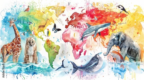 Artistic watercolor showing a colorful alphabet chart with illustrations of animals from around the world next to their corresponding letters
