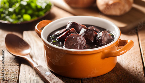 Close-up of Brazilian feijoada over wooden table. Tasty meal. Delicious food for dinner.