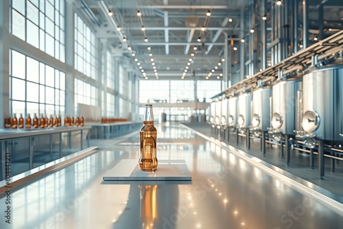 A clean and minimalist depiction of a modern automated brewery, with stainless steel tanks and robotic arms handling the brewing process