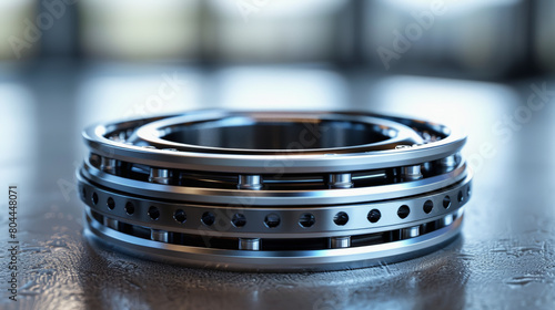 A high-precision ball bearing with multiple rows of balls, showcased on a reflective surface, commonly used in mechanical systems to reduce friction between moving parts.