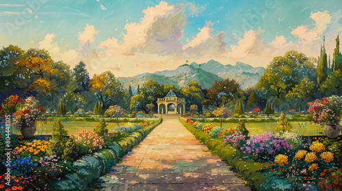 A serene painting of a global peace garden where paths from different nations converge, each path lined with national flowers and symbols.