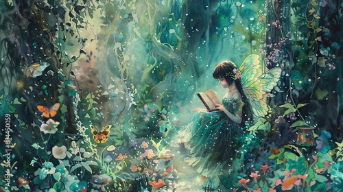 Enchanting watercolor showing a fairy reading a spell book in a secret garden, surrounded by magical flora and fauna, sparking curiosity and imagination