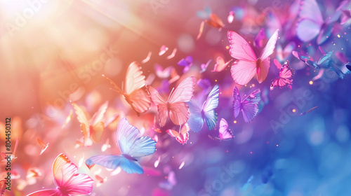 A beautiful swarm of butterflies takes flight in a vibrant display of colors