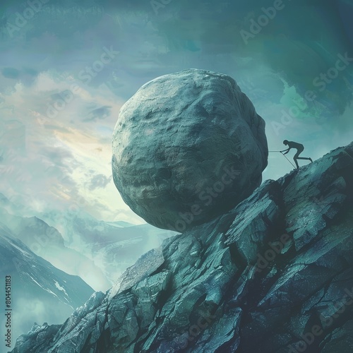 An abstract representation of a person pushing a giant boulder uphill