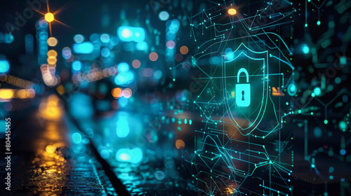 Digital representation of cybersecurity with a shield and padlock icons overlaying a futuristic cityscape, symbolizing protection against cyber threats in an interconnected urban environment.