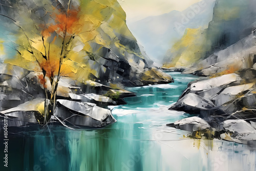 fascinating river beside rocky outcrop, abstract landscape art, painting background, wallpaper, generative ai