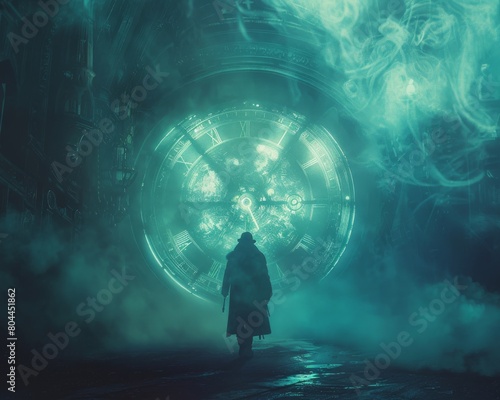 Time traveler with a long coat and hat walks through a portal in time.