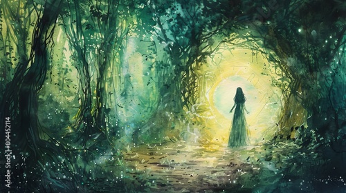 Mystical watercolor of a princess discovering a hidden magic portal in an ancient forest, the gateway glowing with ethereal light