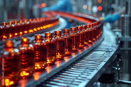 Team of engineers at a pharmaceutical production line, inspecting vial filling with a sterile environment, mid-shot