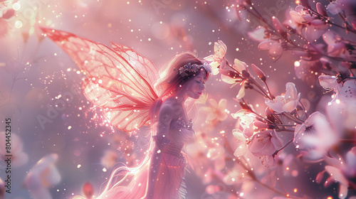 photo of a beautiful fairy with pink gossamer wings standing in a magical forest