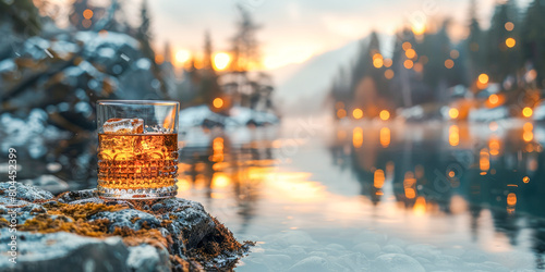 Whiskey Glass by a Serene Mountain Lake at Sunset.
