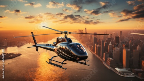 Helicopter on fly, taxi helicopter above financial district, helicopter charter.