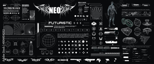 Sci-fi inspired futuristic typography and lettering, complete with HUD and big set Y2K elements. Extensive Collection of Futuristic HUD and Sci-Fi Interface Elements. Vector illustration